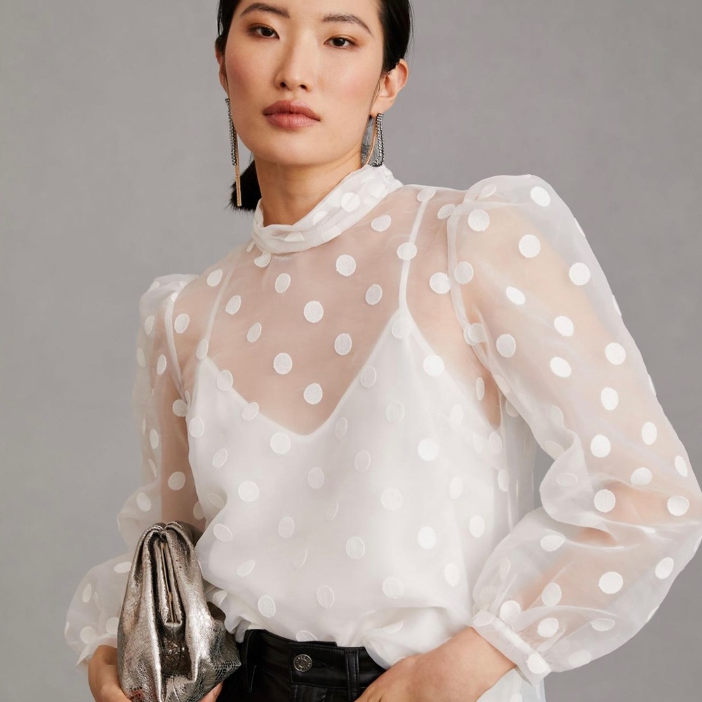 ANTHROPOLOGIE NWT Flat White Sheer Polka-Dot Blouse XL